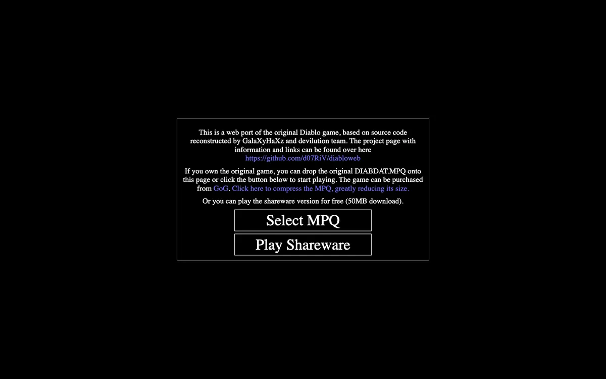 DiabloWeb’s file-selection screen, showing Select MPQ and Play Shareware.